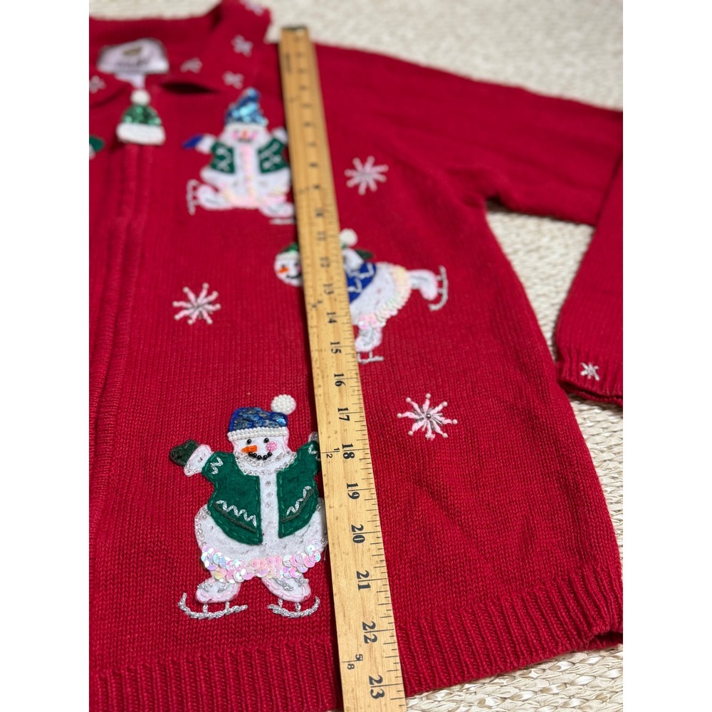 Tiara International Red Christmas Cardigan Snowman Sequin Zip Sweater holiday S - Picture 6 of 9